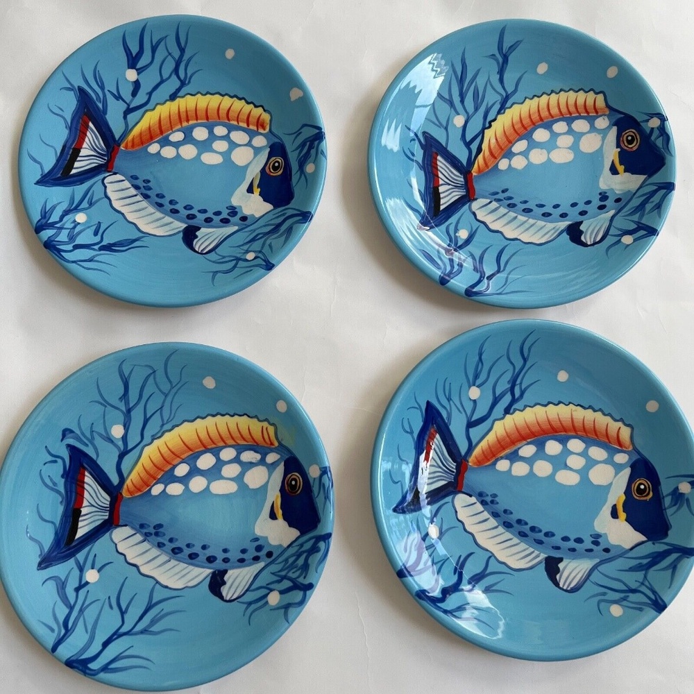 4 Tropical Plates La Dolce Vita Big Fish Collection Blue and Yellow Tea Lunch 8"